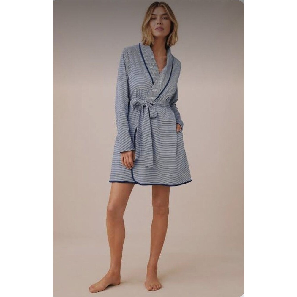 LAKE Pima Cotton Midi Robe Women's Size Small Blue Striped Attached Strap Peru